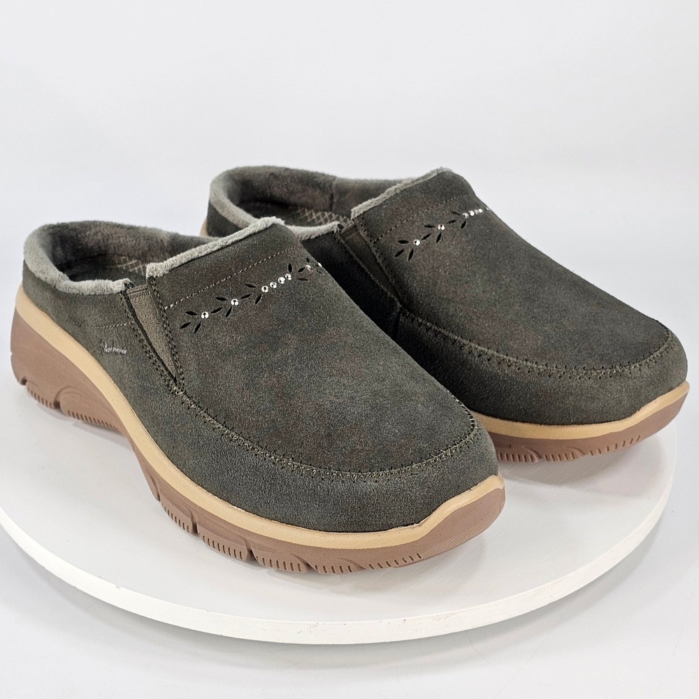 NEW Skechers Relaxed Fit Commute Time In-Line Olive Suede Mules Women 7.5 W